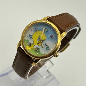 Vintage Armitron Tweety Bird Gold Tone Brown Leather Watch Working New Battery